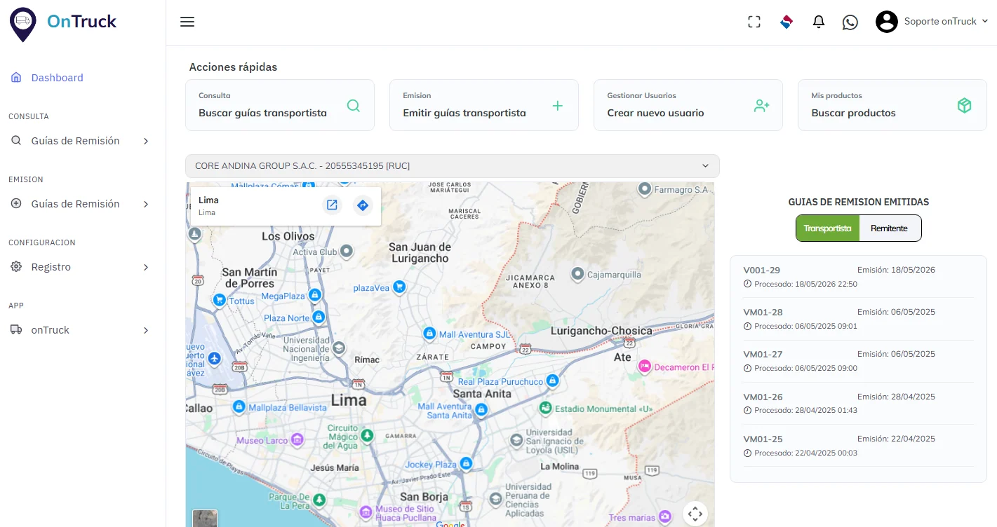 Panel de control de OnTruck con rutas y guías