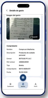 Pantalla de la app con el detalle del gasto reconocido